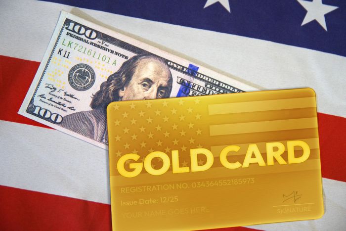 A golden card that says "Gold Card" sits on top of a $100 bill and a U.S. flag.