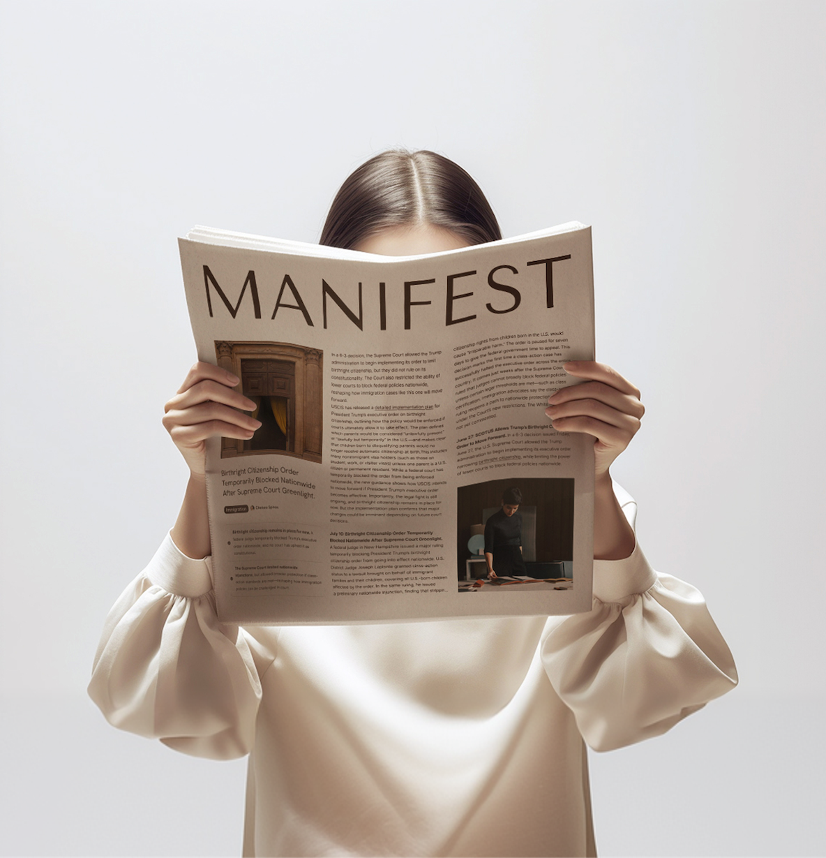 Person reading newspaper titled Manifest