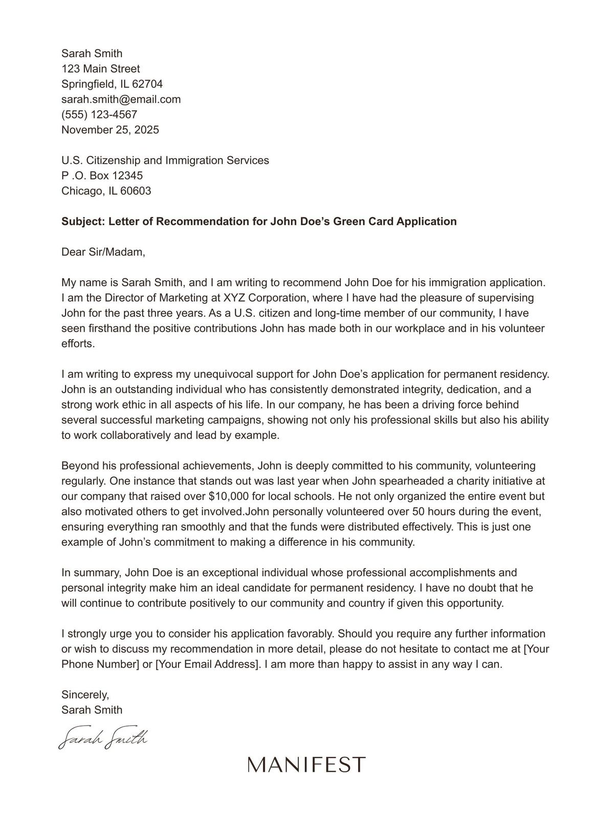 Sample immigration letter of recommendation.