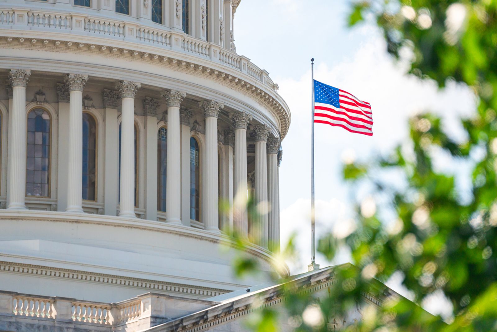 The United States Capitol building with an American flag flying