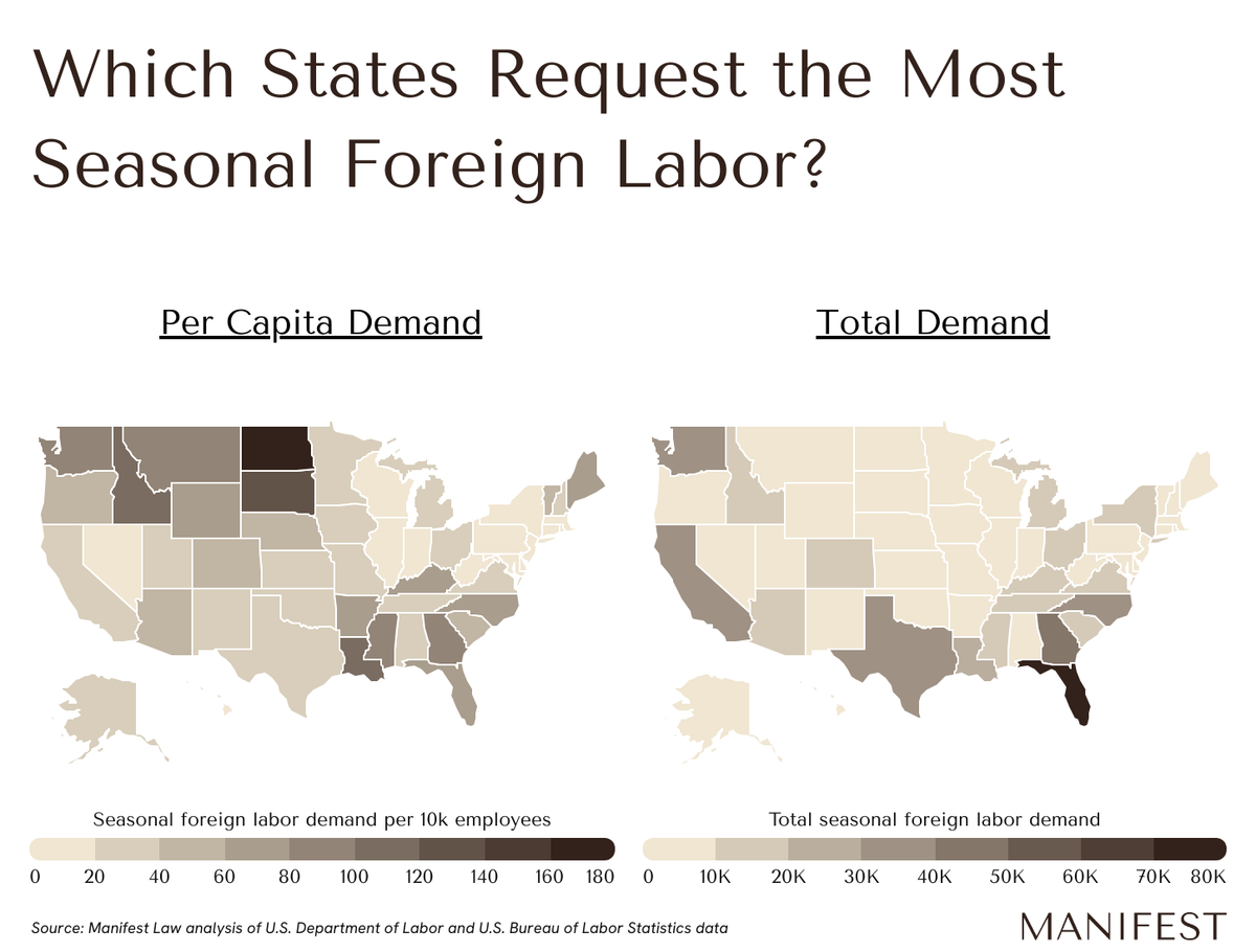 Map showing requested seasonal foreign workers per 10,000 resident employees by state; North Dakota ranks first with 179, followed by South Dakota, Idaho, Louisiana, and Montana
