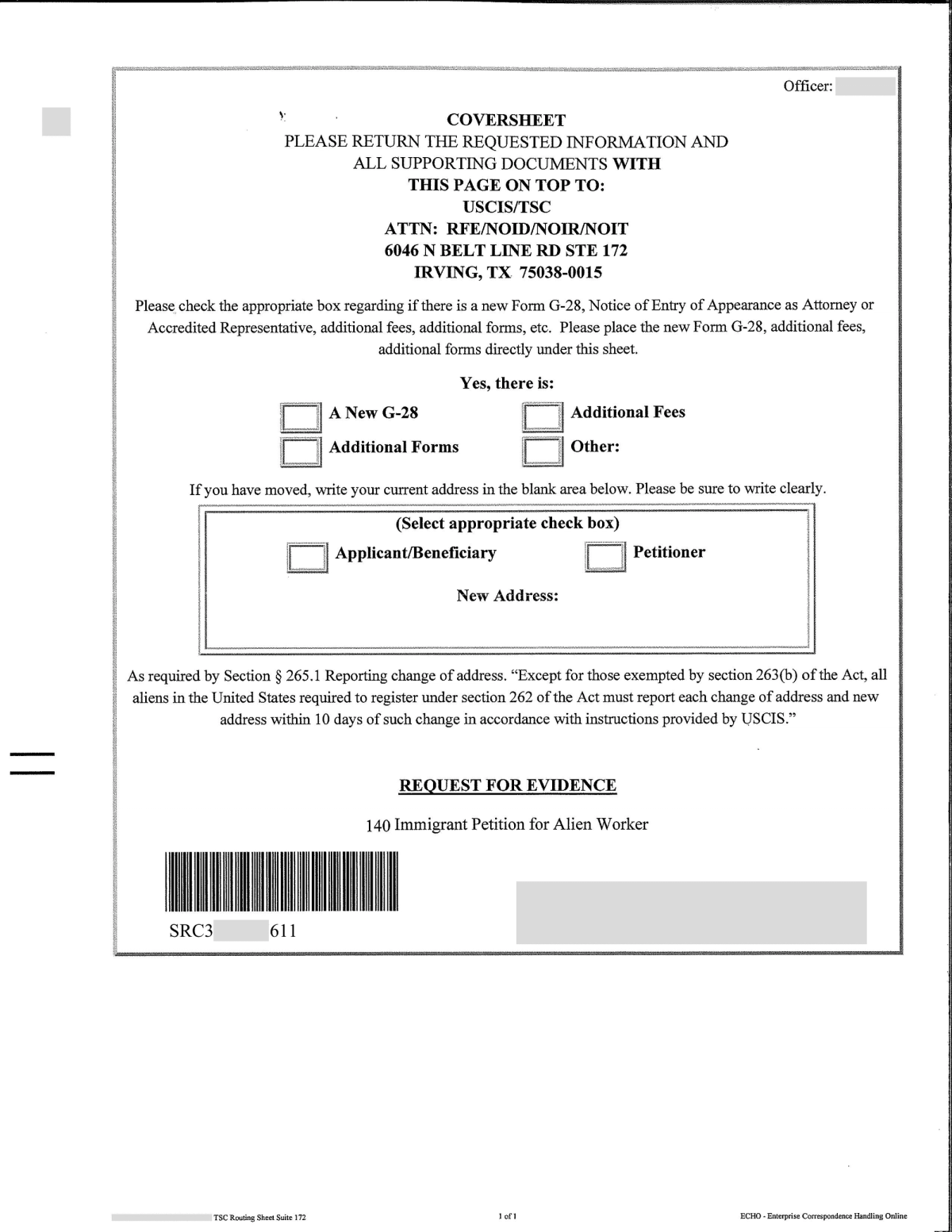 Cover sheet of RFE USCIS