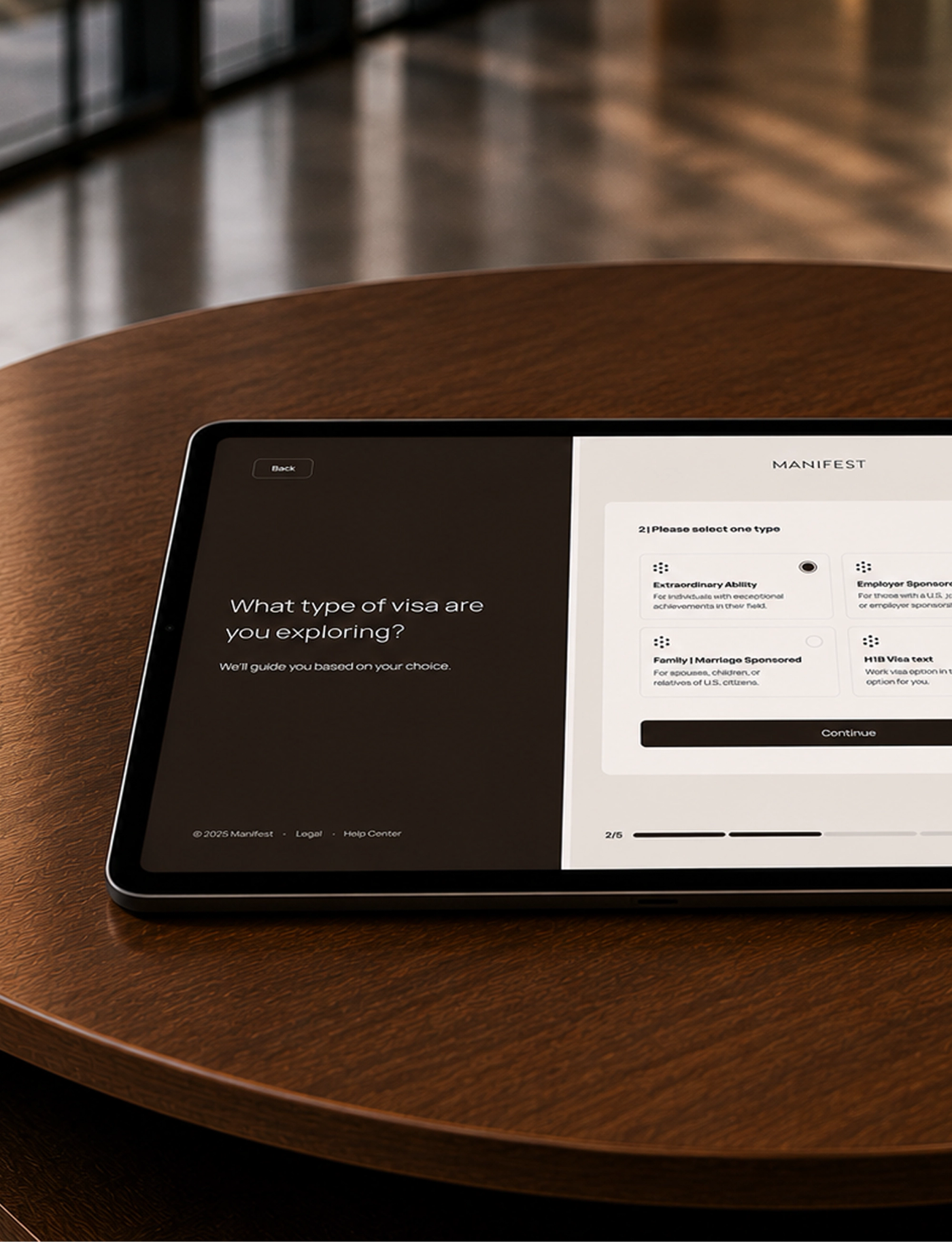 Manifest Law visa planning experience displayed on a tablet