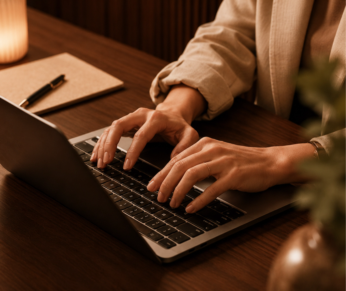Attorney working on a laptop at a wooden desk