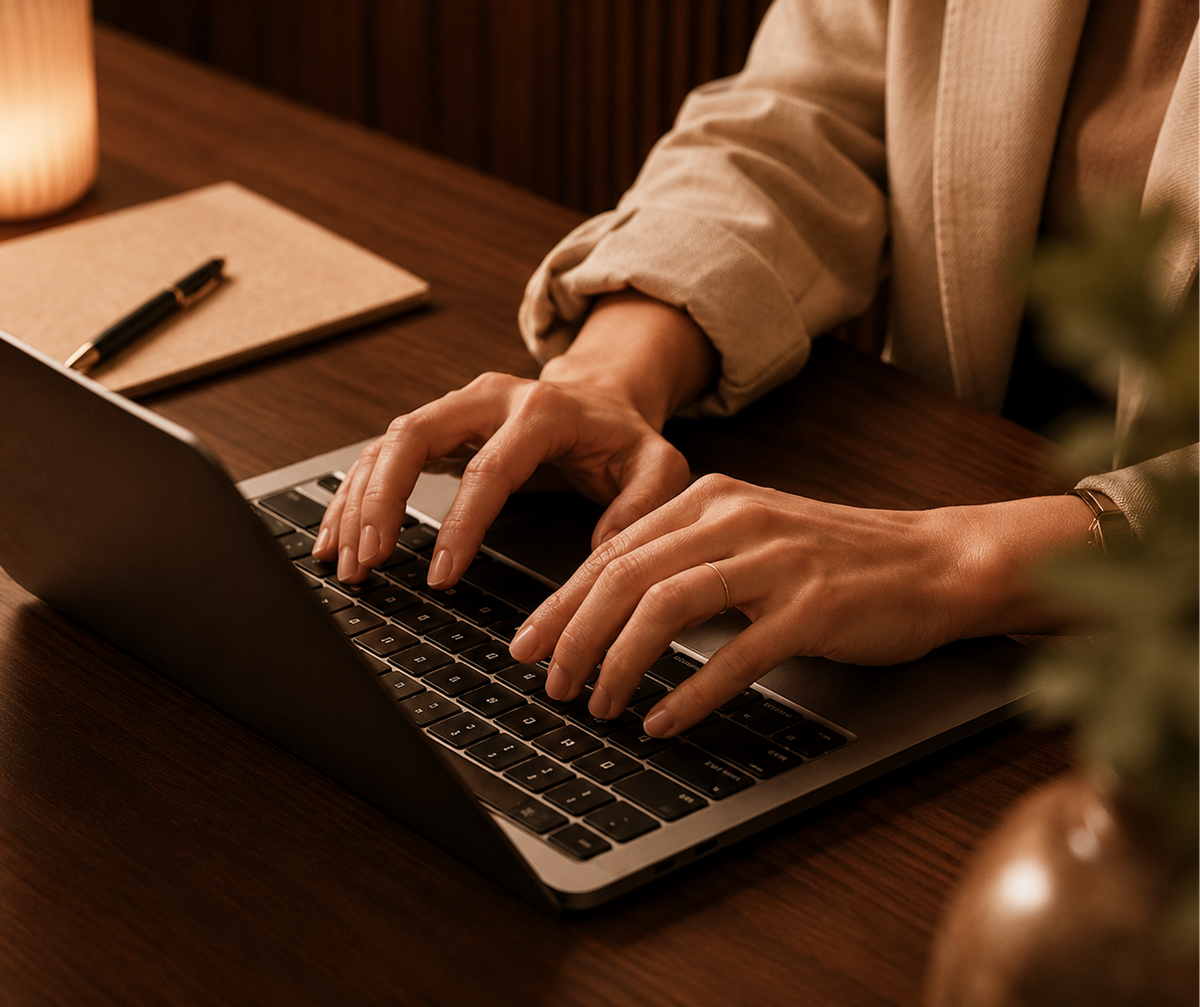 Attorney working on a laptop at a wooden desk