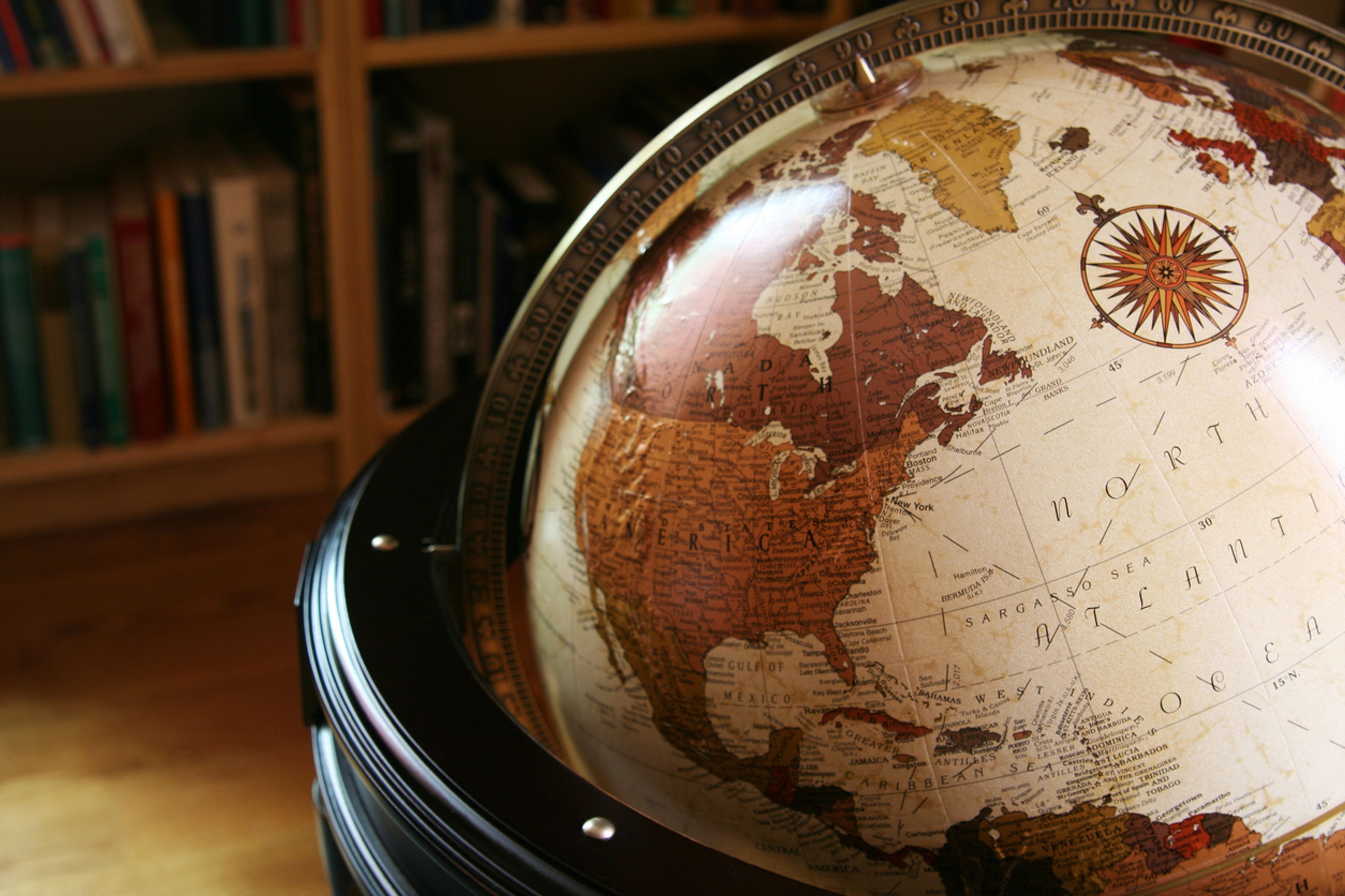 A globe turned to show the Western Hemisphere.