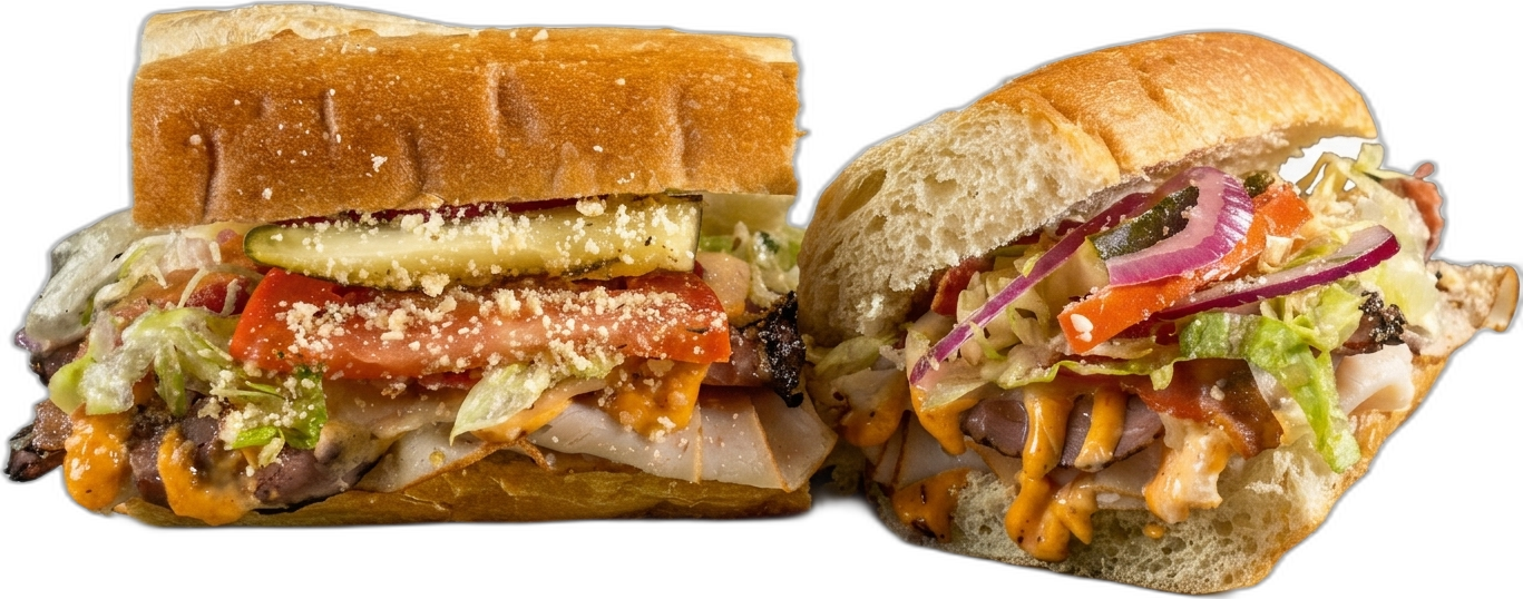 G-13 Turkey & Roast Beef toasted sub with roasted turkey breast, roast beef, bacon, chipotle mayo, and provolone.
