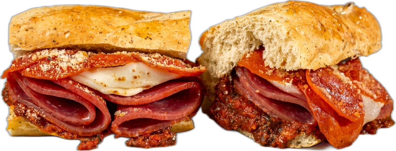 Dank Pizza Sub, a toasted sub with genoa salami, pepperoni, marinara, and double provolone & shake.