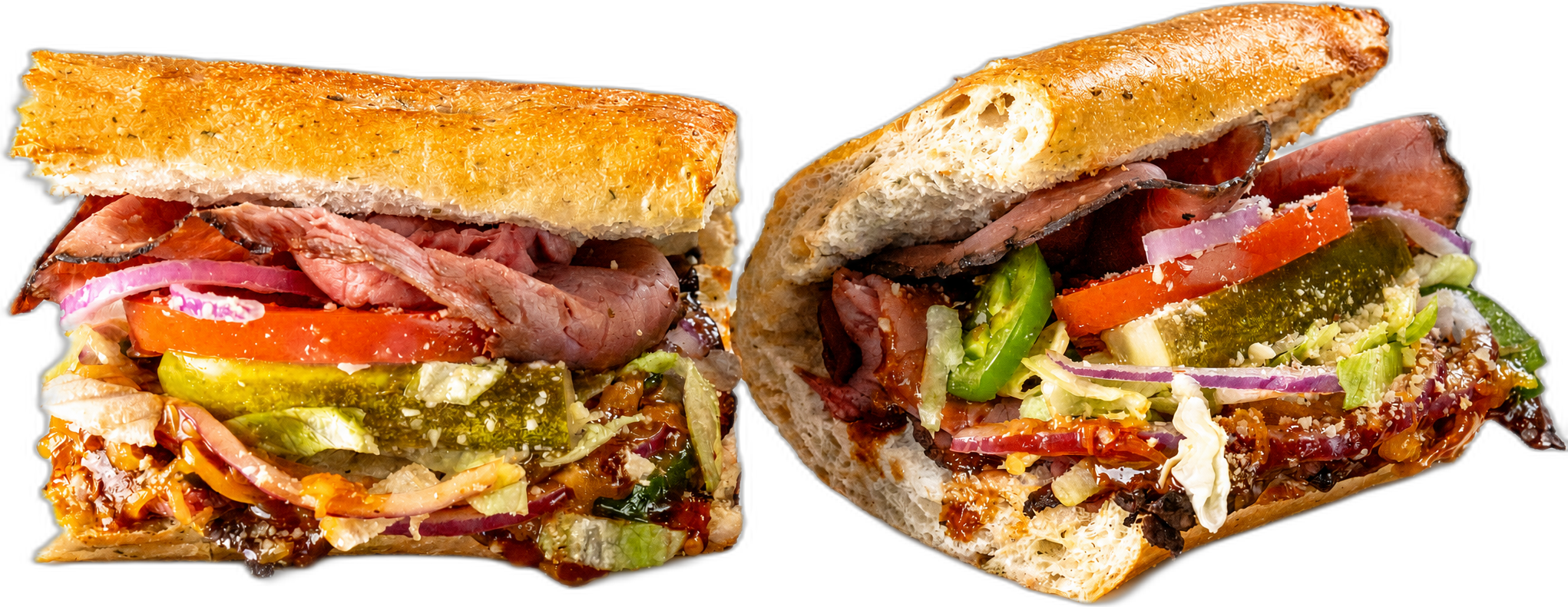Chronic BBQ Roast Beef toasted sub with roast beef, jalapeño, onion, BBQ, and cheddar.