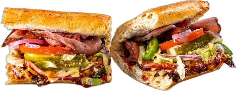 Chronic BBQ Roast Beef toasted sub with roast beef, jalapeño, onion, BBQ, and cheddar.