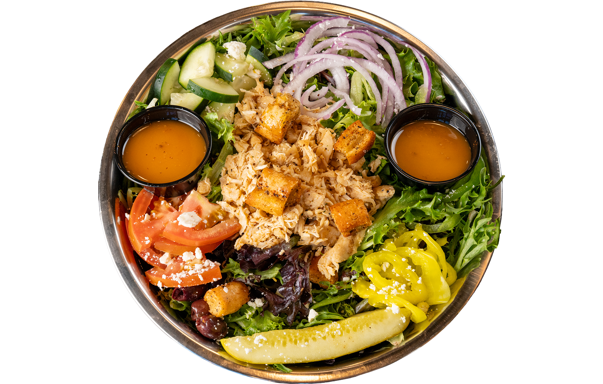 Apollo 13 greek chicken / HUMMUS salad with garlic butter grilled chicken breast OR side of hummus, spring mix, tomatoes, green bell peppers, and onion.