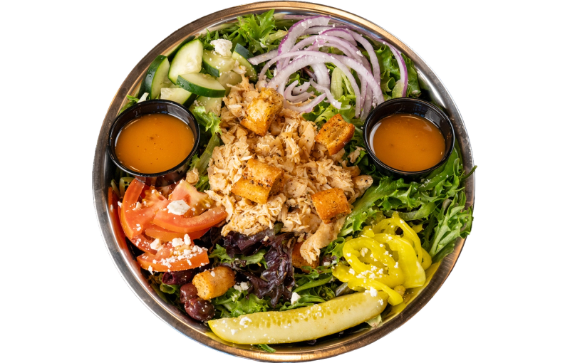 Apollo 13 greek chicken / HUMMUS salad with garlic butter grilled chicken breast OR side of hummus, spring mix, tomatoes, green bell peppers, and onion.