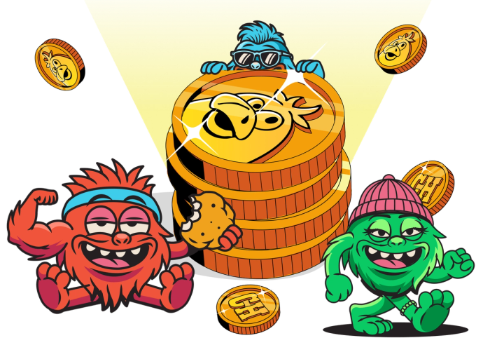 Cheba Hut mascots gathered around a stack of Cheba Coins