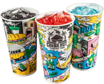 Three colorful Cheba Hut cups filled with drinks