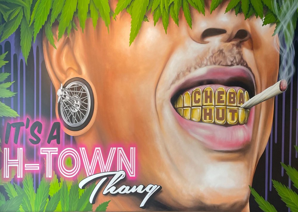 A mural of a person smoking a joint with gold Cheba Hut teeth at Houston Sawyer Yards