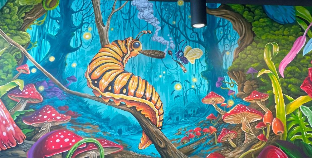 Mural of a trippy blue forest with mushrooms and smoking insects in Henderson, NV