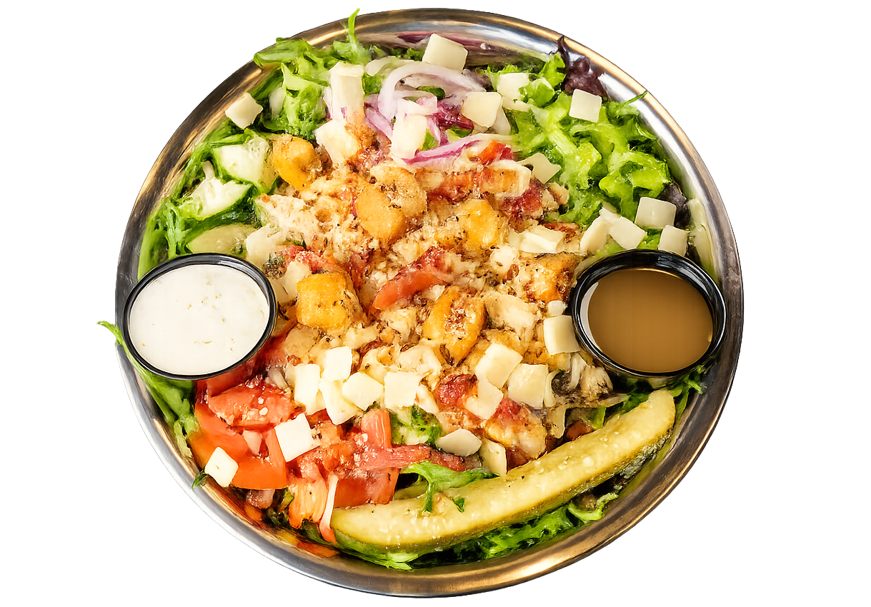 White Widow chicken, bacon, ranch salad with grilled chicken breast, spring mix, tomatoes, green bell peppers, and onion.
