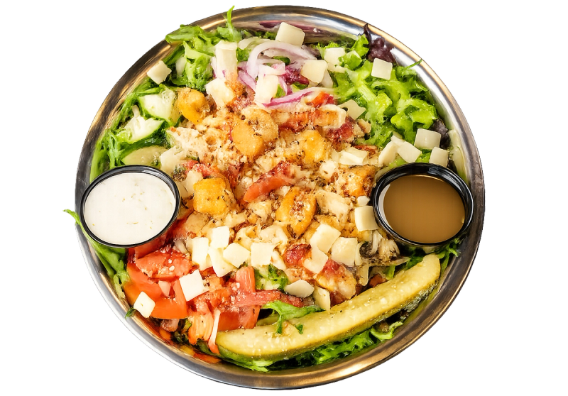 White Widow chicken, bacon, ranch salad with grilled chicken breast, spring mix, tomatoes, green bell peppers, and onion.