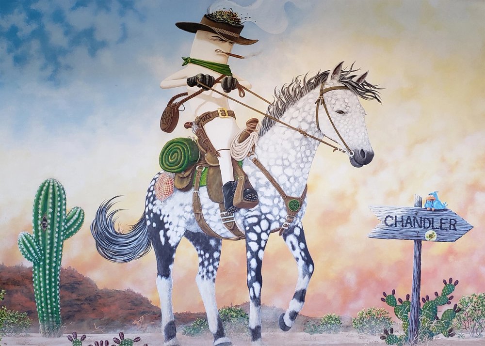 A mural of a joint dressed as a cowboy riding a horse in the desert at Chandler Boston