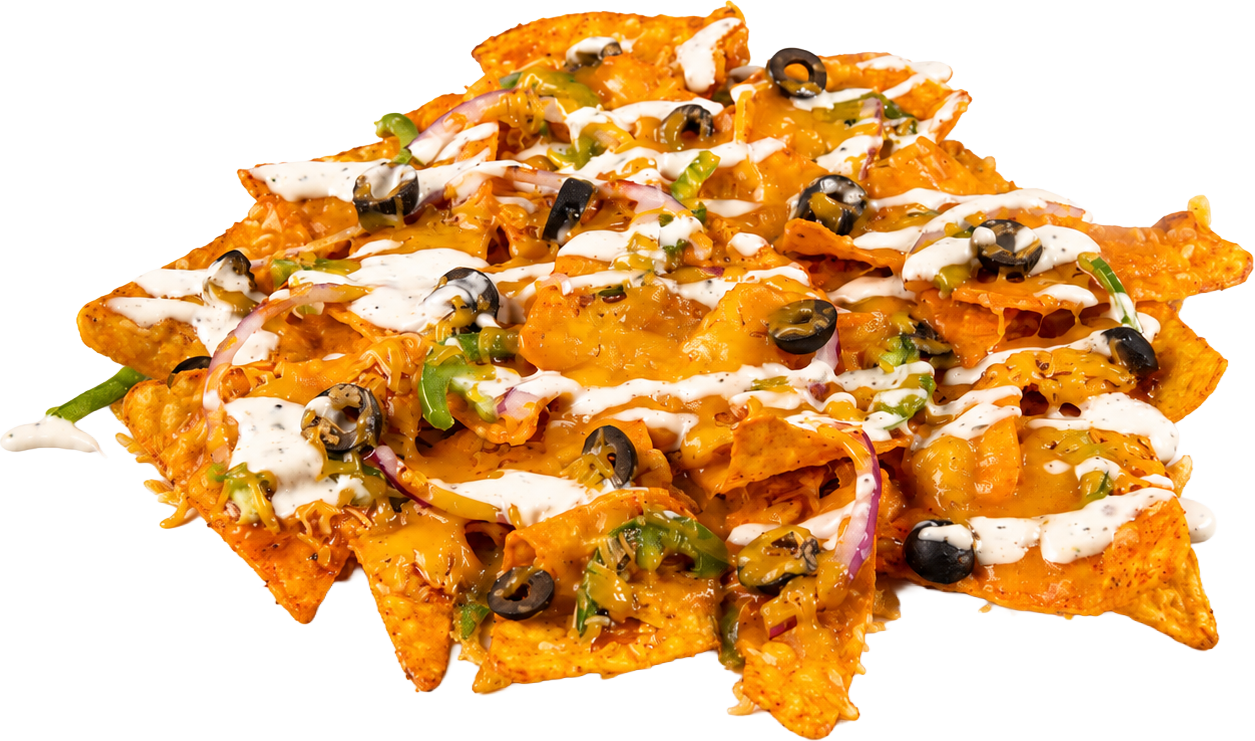 Loaded Not'chos munchie with melted cheddar cheese, jalapeño, onion, and black olives & hot sauce on a bed of Nacho Cheese Doritos with ranch.