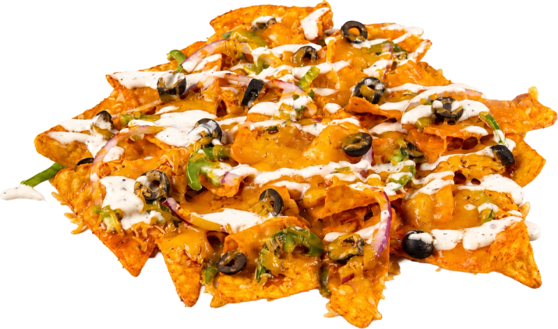 Loaded Not'chos munchie with melted cheddar cheese, jalapeño, onion, and black olives & hot sauce on a bed of Nacho Cheese Doritos with ranch.