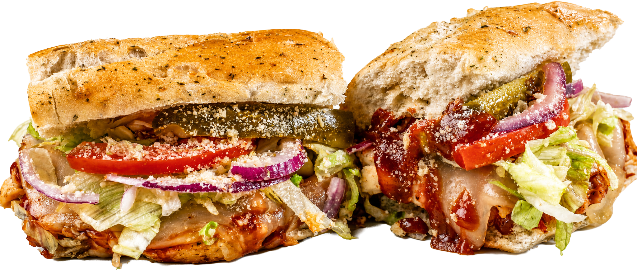 Acapulco Gold BBQ Chicken toasted sub with grilled chicken breast, BBQ, swiss, lettuce, and tomato.