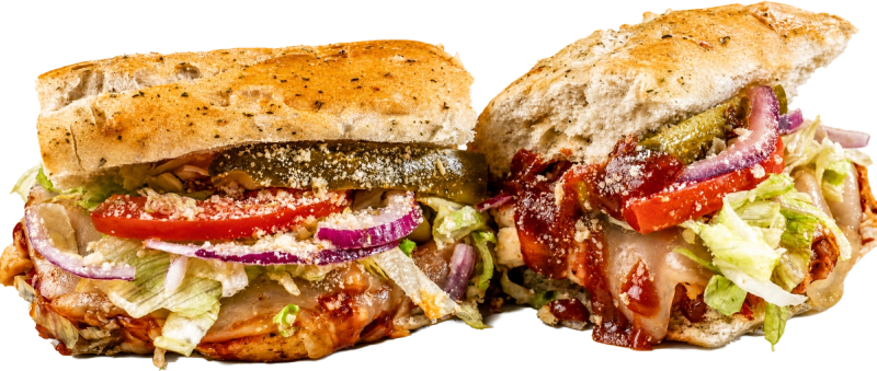Acapulco Gold BBQ Chicken toasted sub with grilled chicken breast, BBQ, swiss, lettuce, and tomato.