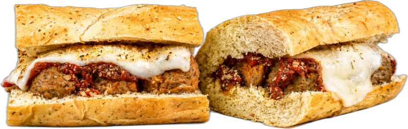 Bomb Meatball toasted sub with meatballs, marinara, green bell peppers, shrooms, and double provolone & shake.