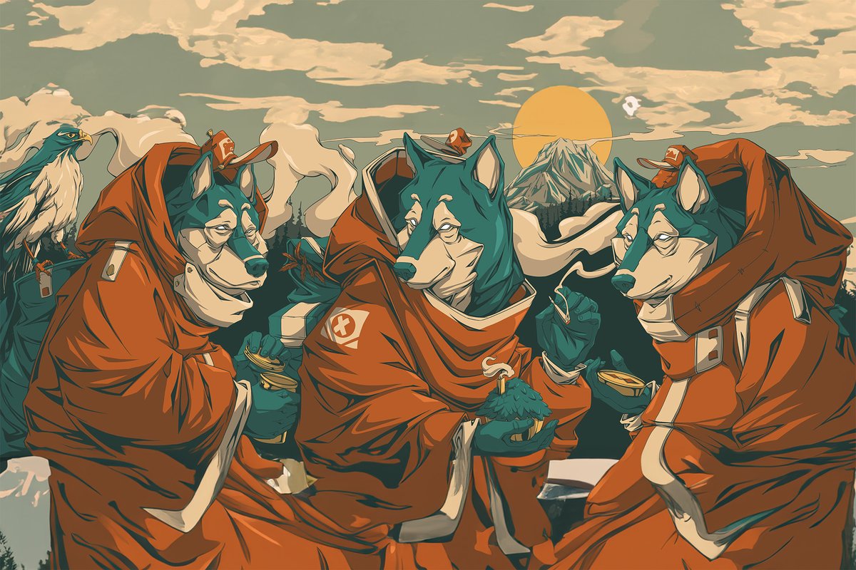 A mural of monk wolves in the mountains