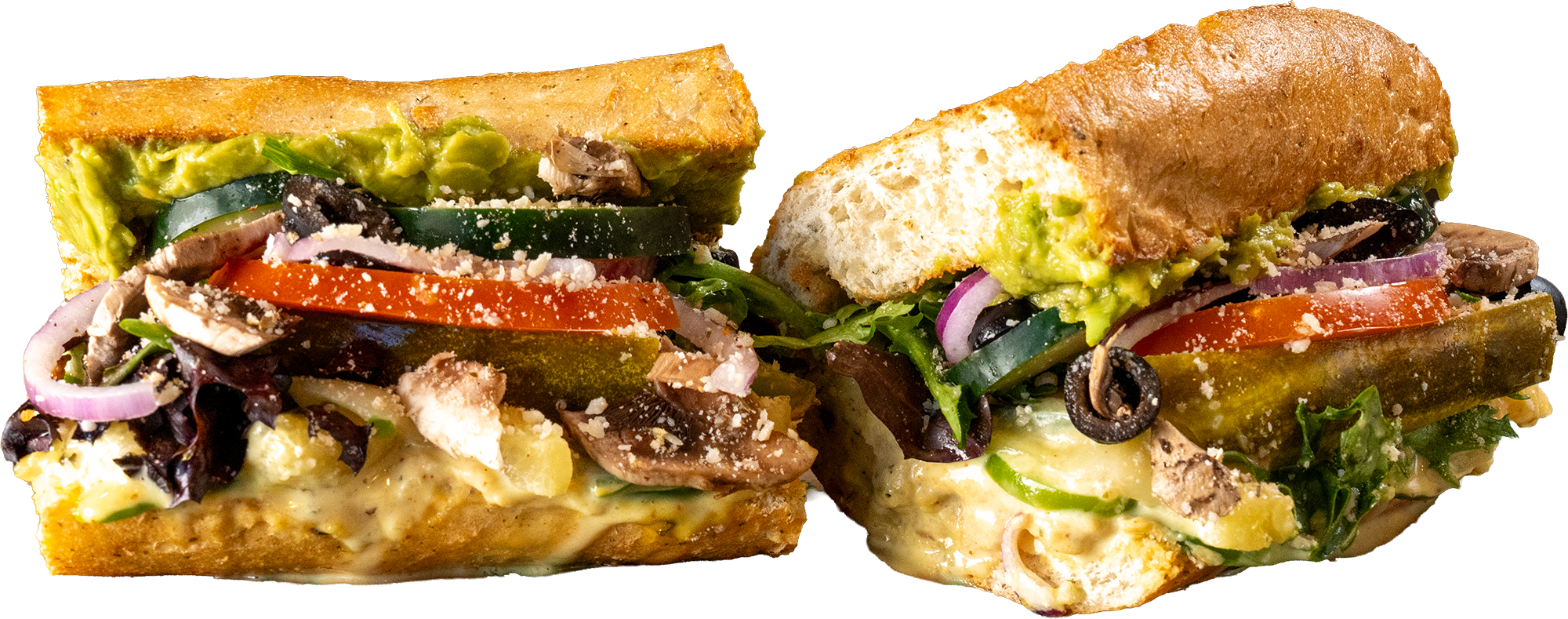 Mowie Wowie Tropical Veggie toasted sub with hummus, guacamole, honey mustard, green bell peppers, and pineapple.