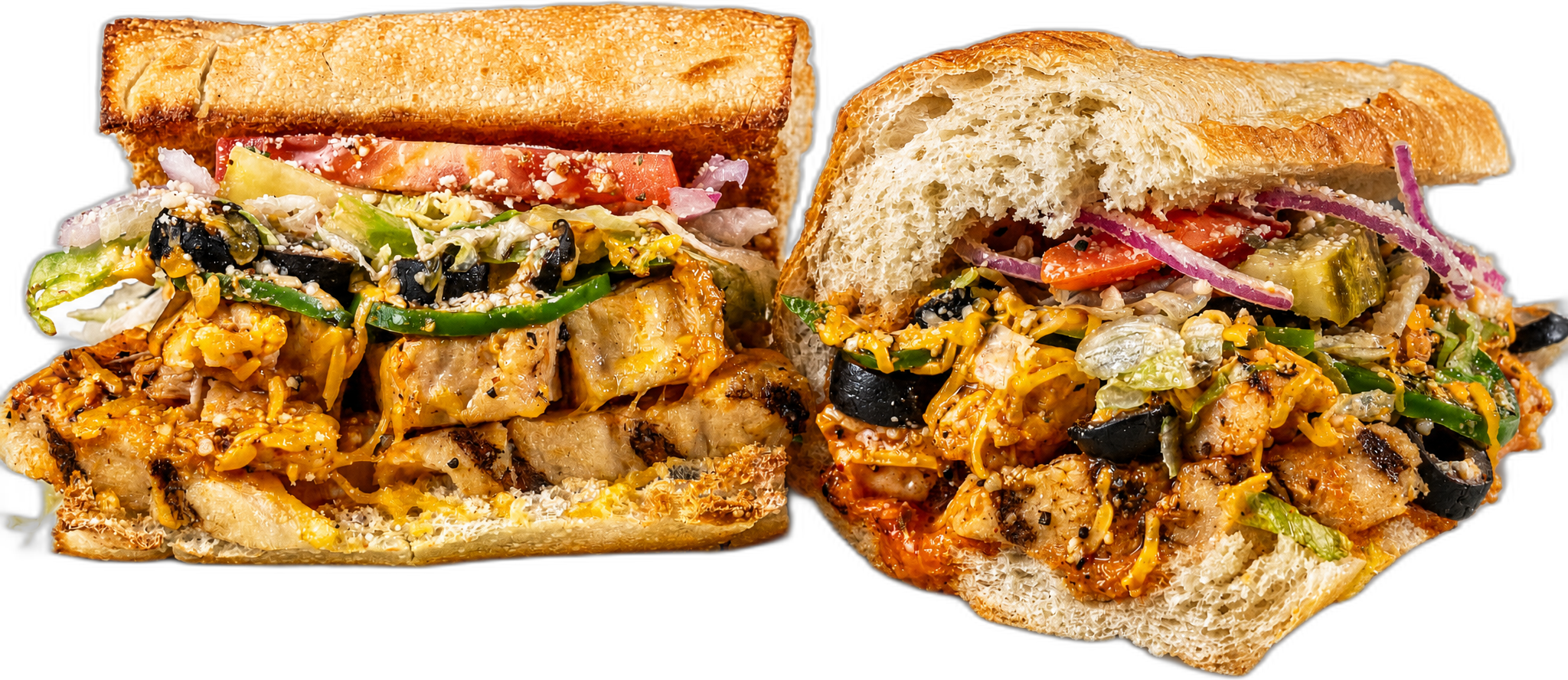 Jamaican Red Buffalo Chicken toasted sub with grilled chicken breast, jamaican red hot sauce, jalapeño, green bell peppers, and black olives.