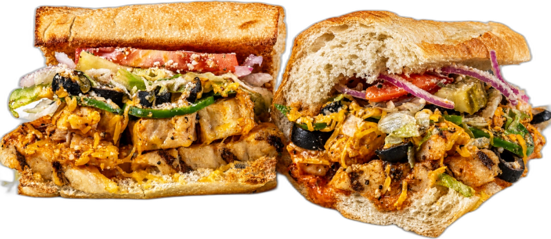Jamaican Red Buffalo Chicken toasted sub with grilled chicken breast, jamaican red hot sauce, jalapeño, green bell peppers, and black olives.