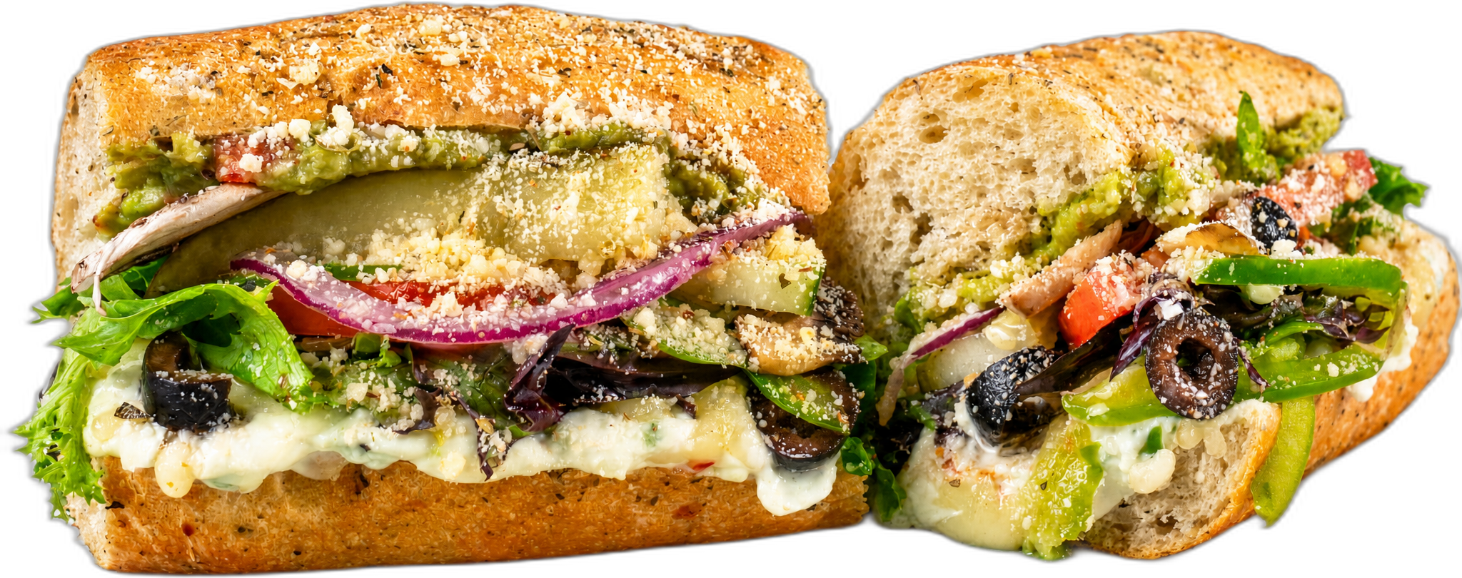 Griefo GUAC & CREAM CHEESE toasted sub with cream cheese, guacamole, pepper jack, spring mix, and tomato.