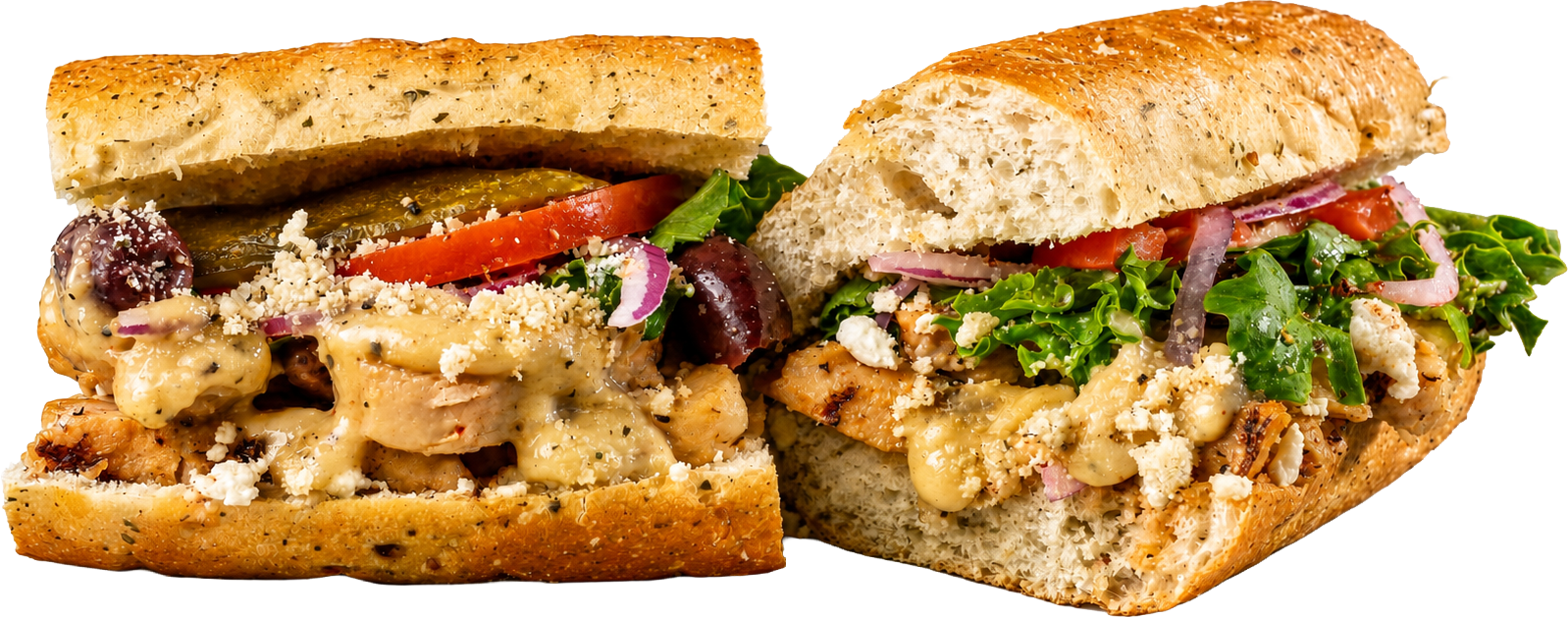 Apollo 13 greek chicken / HUMMUS toasted sub with grilled chicken breast, garlic butter, kalamata olives, banana peppers, and feta.