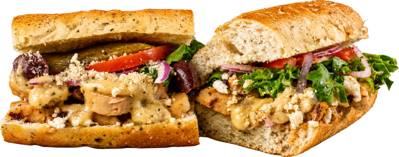 Apollo 13 greek chicken / HUMMUS toasted sub with grilled chicken breast, garlic butter, kalamata olives, banana peppers, and feta.