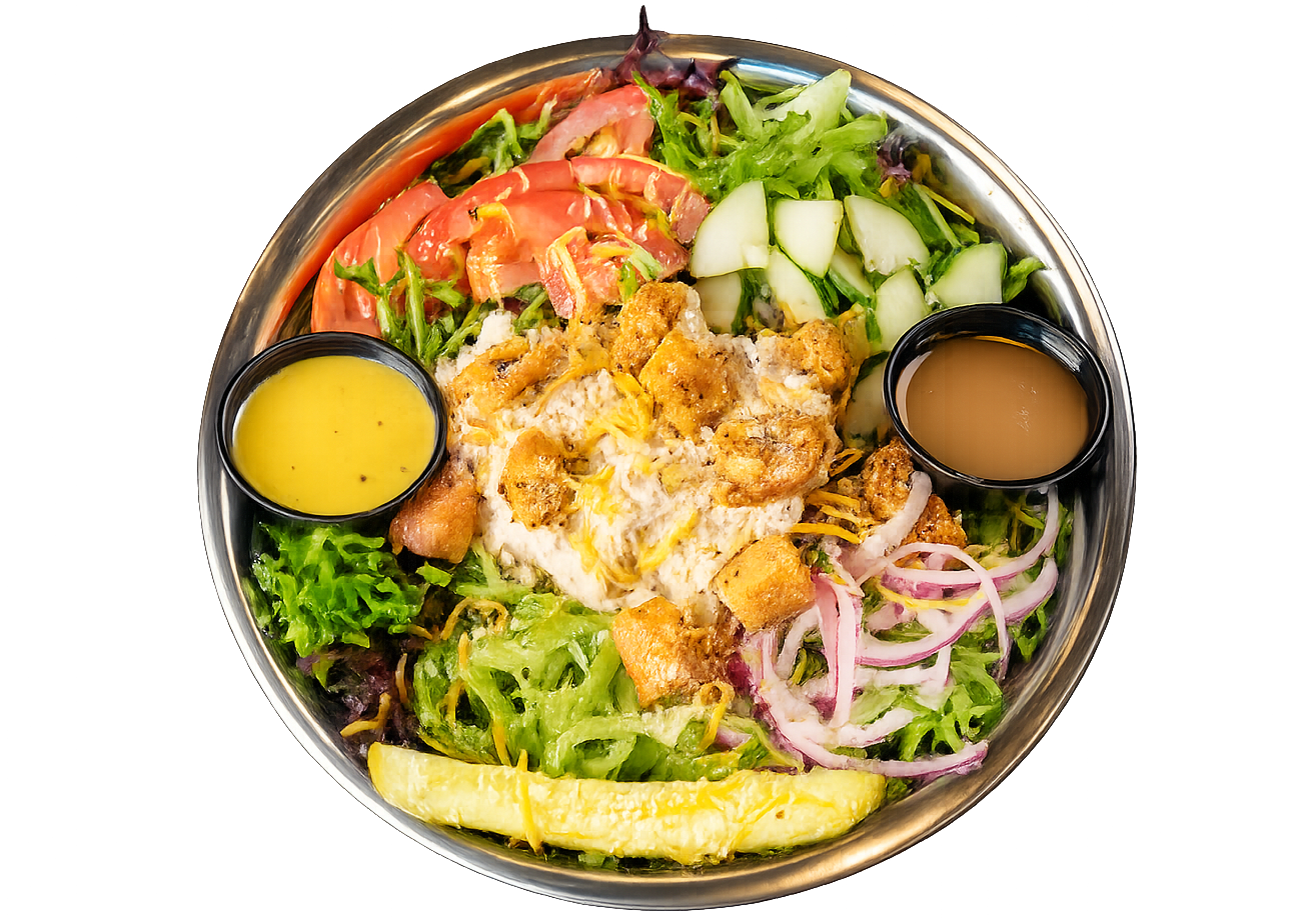 Pacific Blue tuna SALAD with tuna salad, spring mix, tomatoes, green bell peppers, and onion.