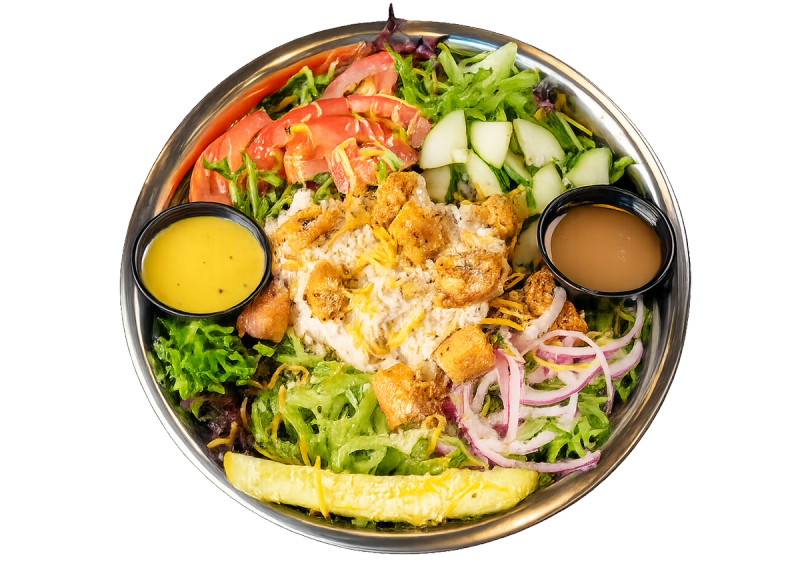 Pacific Blue tuna SALAD with tuna salad, spring mix, tomatoes, green bell peppers, and onion.