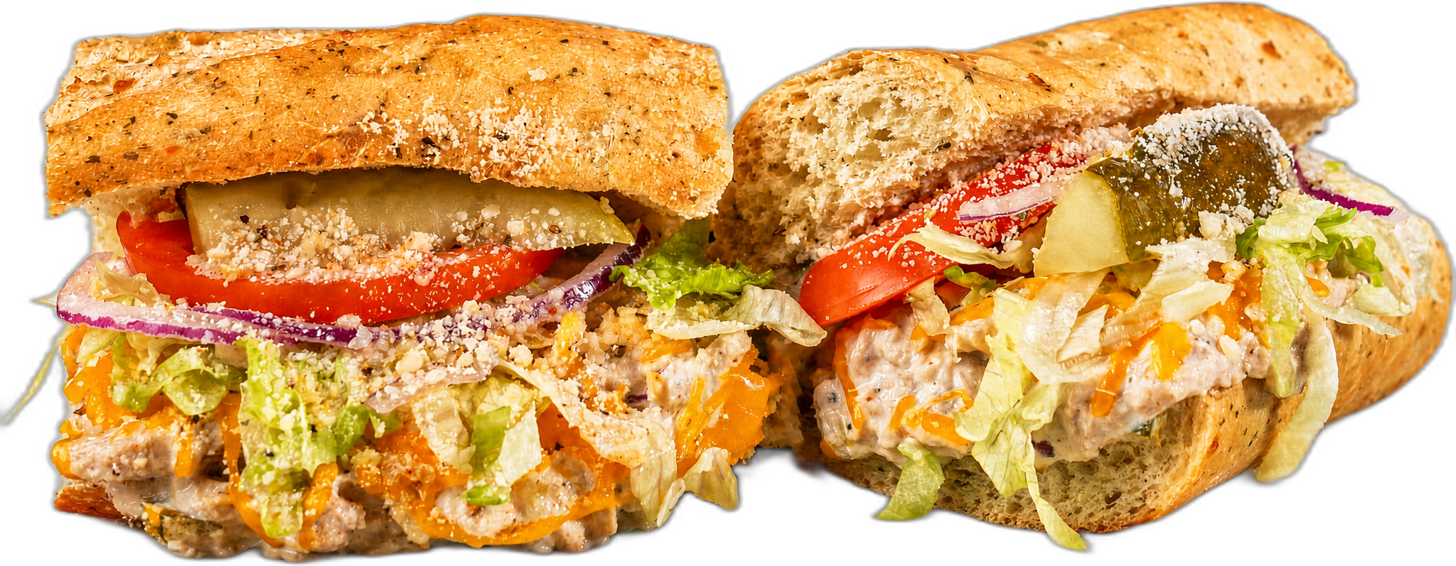 Pacific Blue Tuna Melt toasted sub with handcrafted tuna salad, cheddar, lettuce, tomato, and onion.