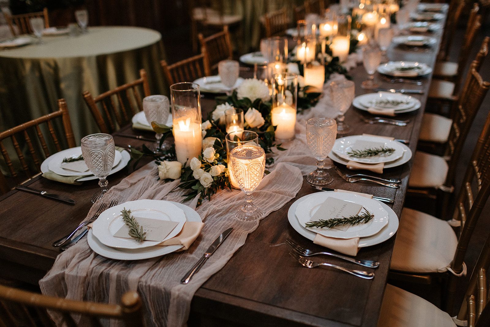 candle centerpieces and rosemary sprigs wedding ohio