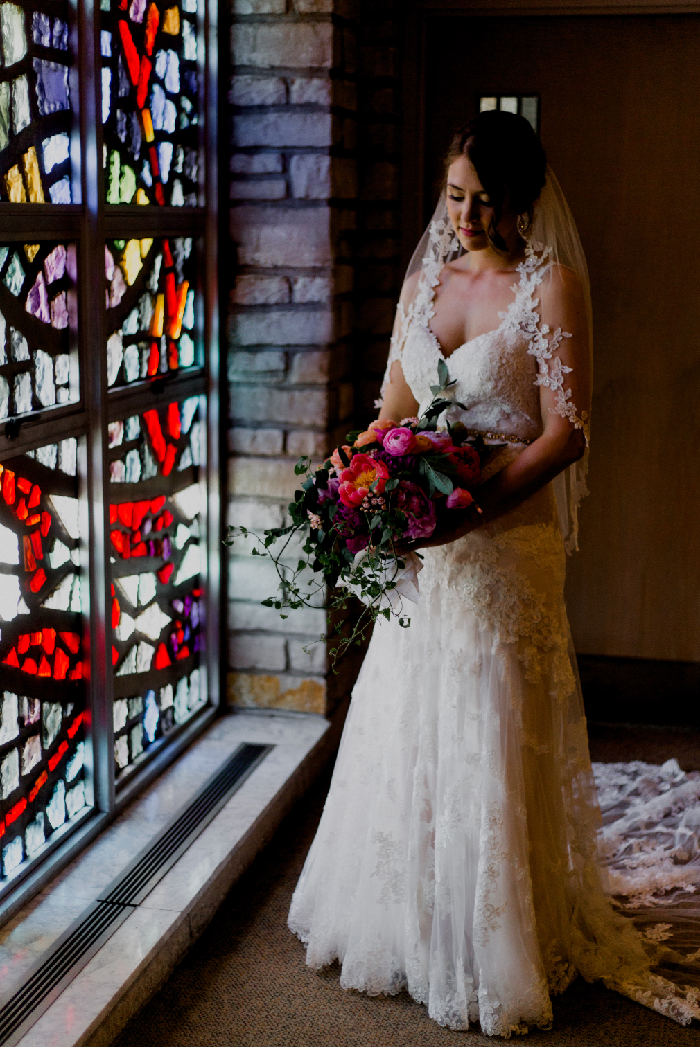 Church Wedding with Colorful Cascade Bouquet