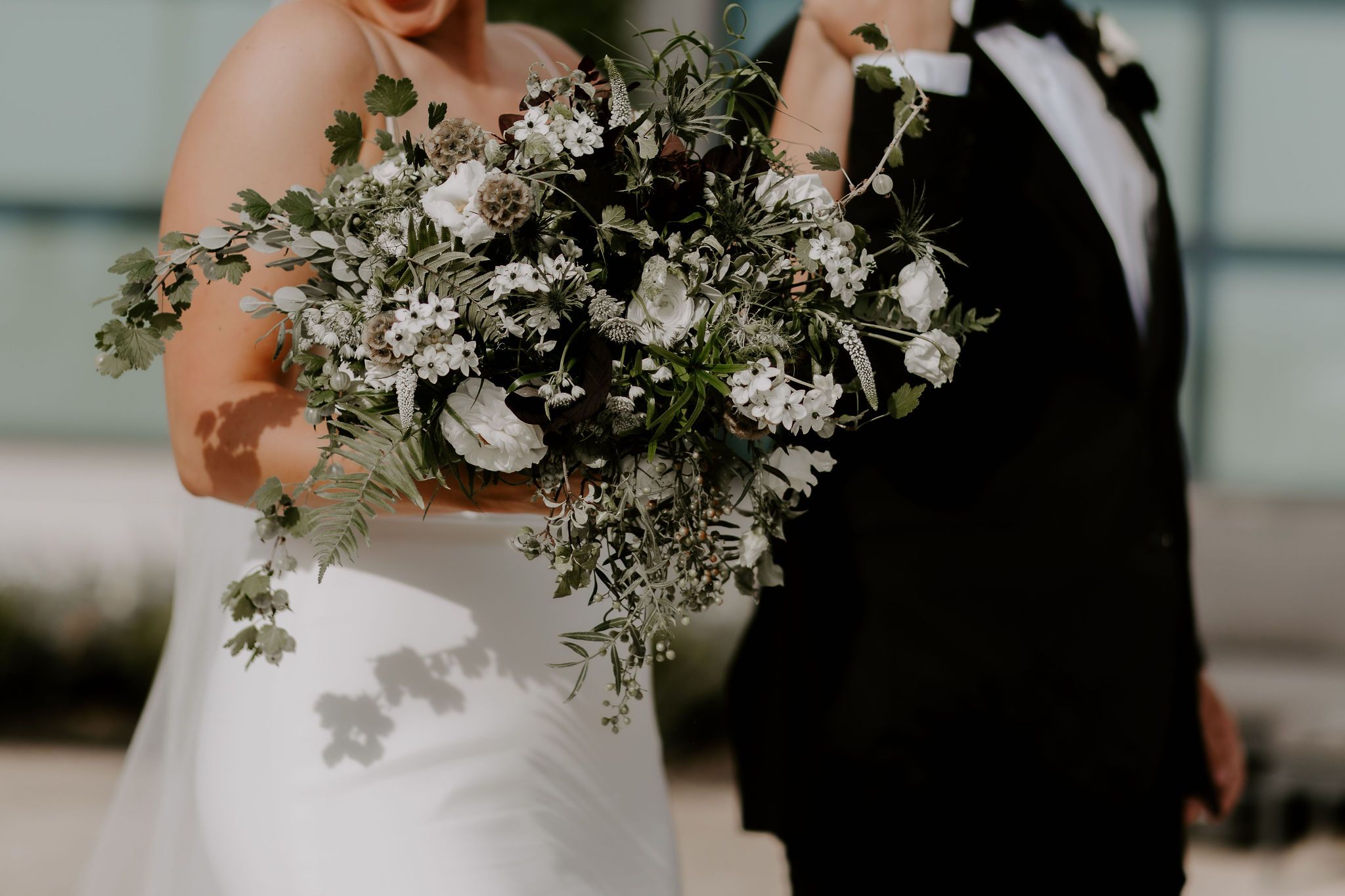 textural green and white bridal bouquet