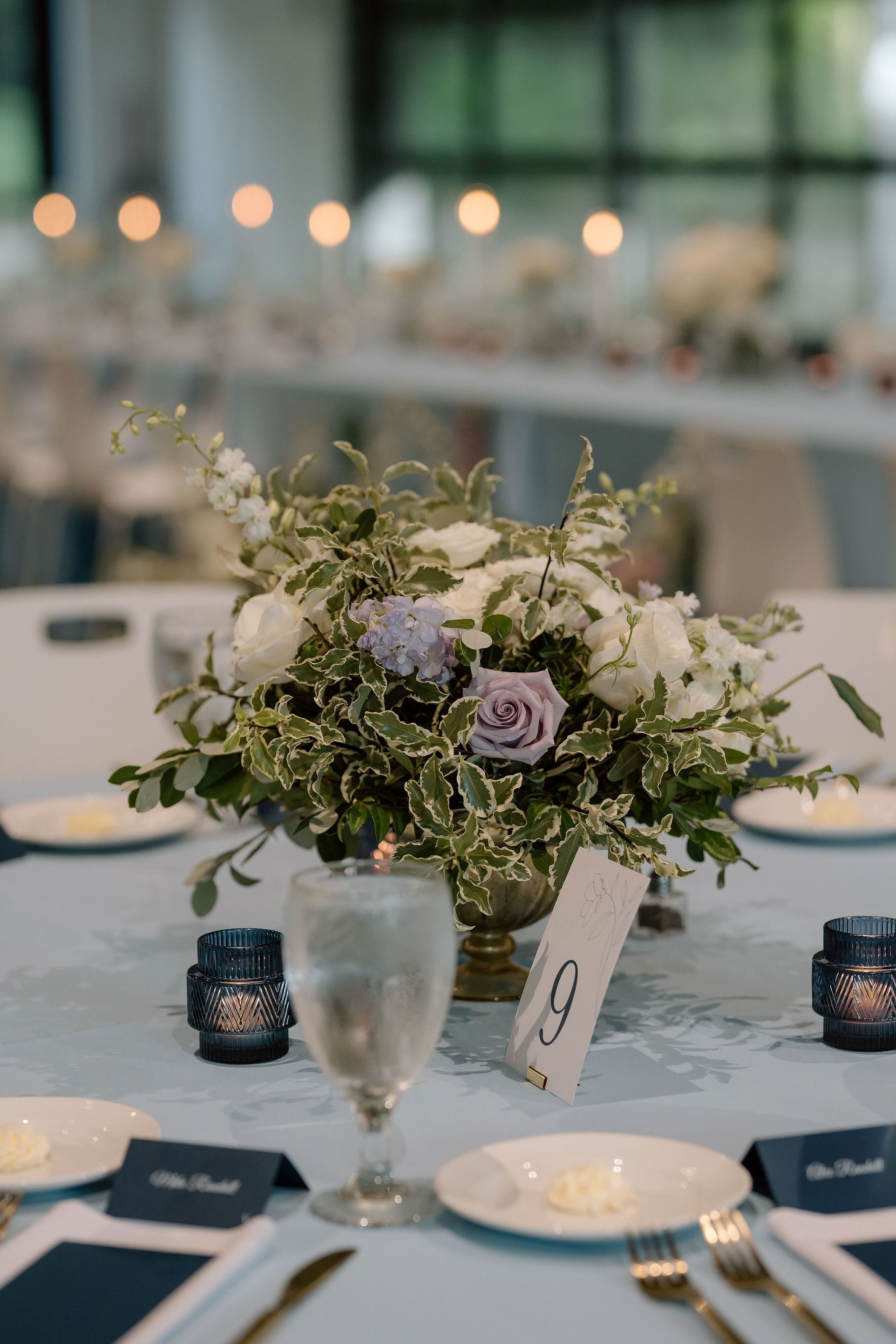 short centerpiece with silver queen pittosporum