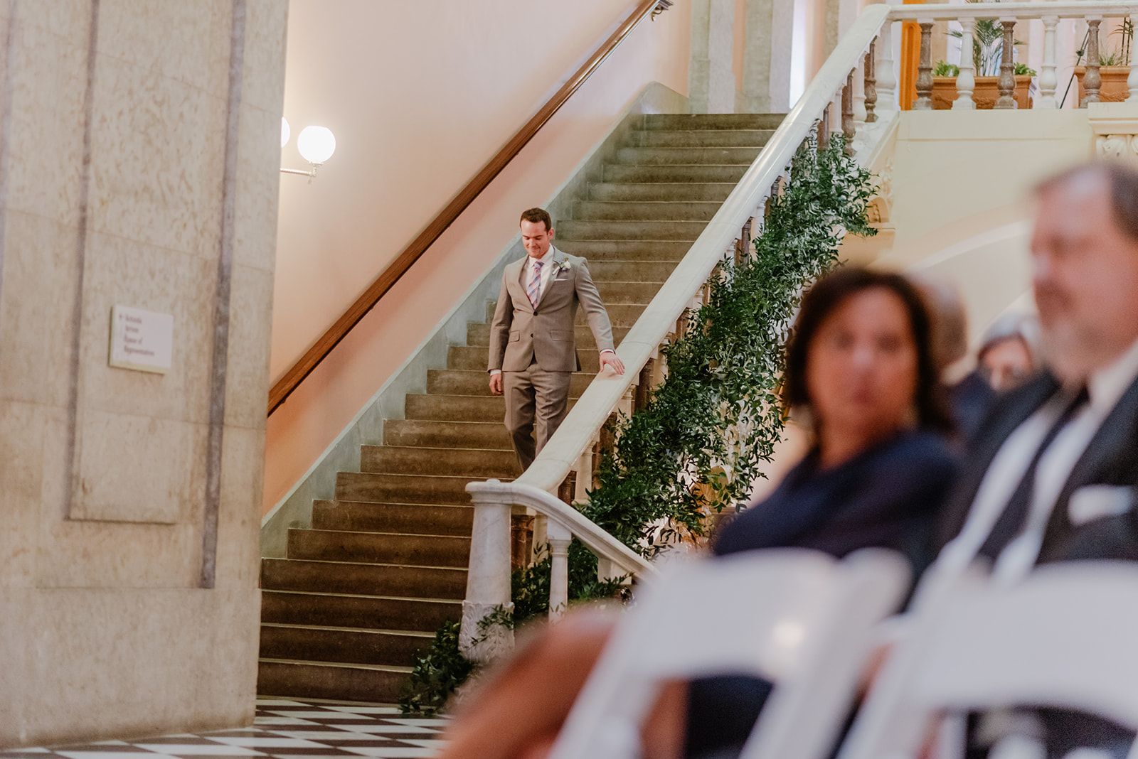 smilax on staircase Columbus Ohio wedding florist