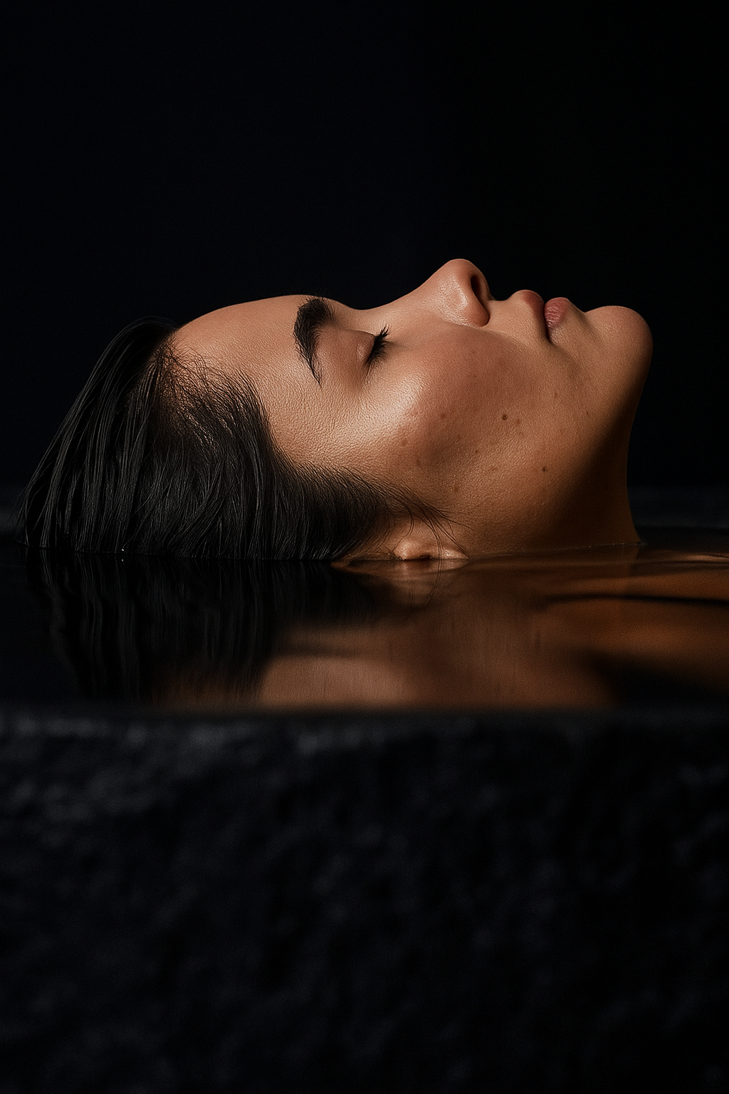 Woman calm and resetting in cold plunge