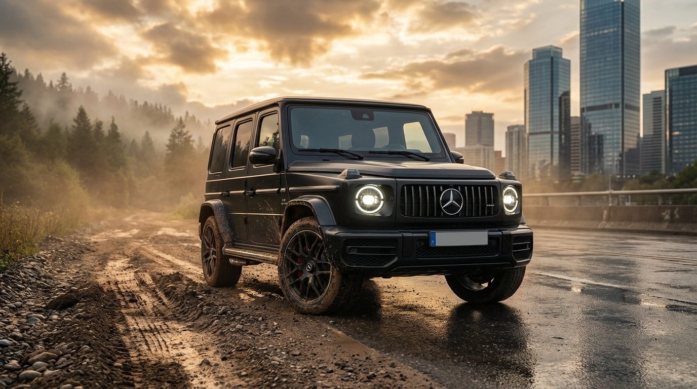 Black Mercedes G-Wagen partly on a muddy road, partly on wet pavement, with a forest to the left and city skyscrapers to the right at golden hour.