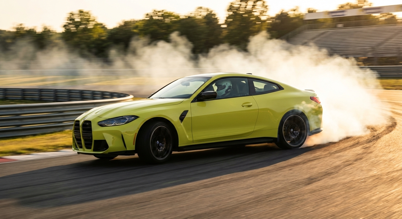 BMW w kontrolowanym poślizgu na torze podczas driftu