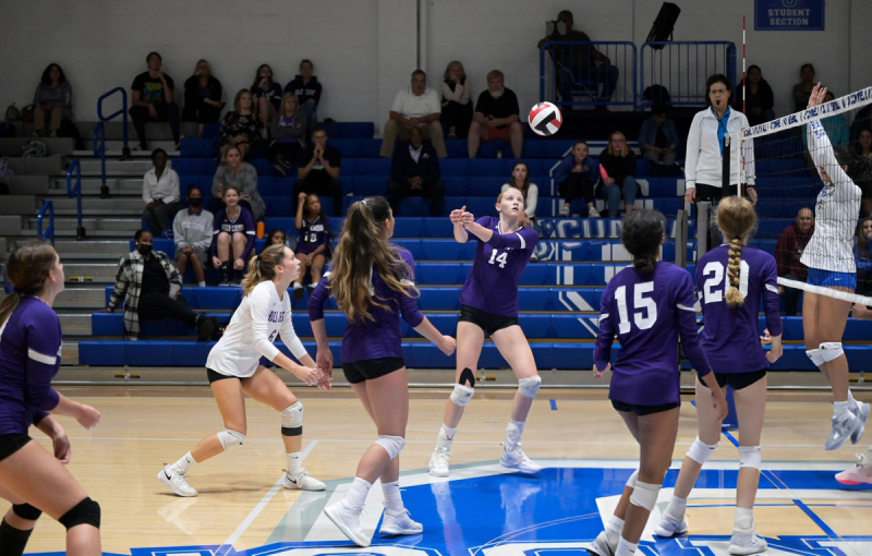 A girls' volleyball match in progress, with a player in a purple jersey preparing to hit the ball. Teammates and opponents are actively watching and positioned on the court. Spectators are seated on blue bleachers in the background.