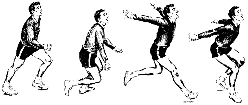 Illustration of a person in four stages of a long jump, showing the progression from starting position to takeoff and landing.
