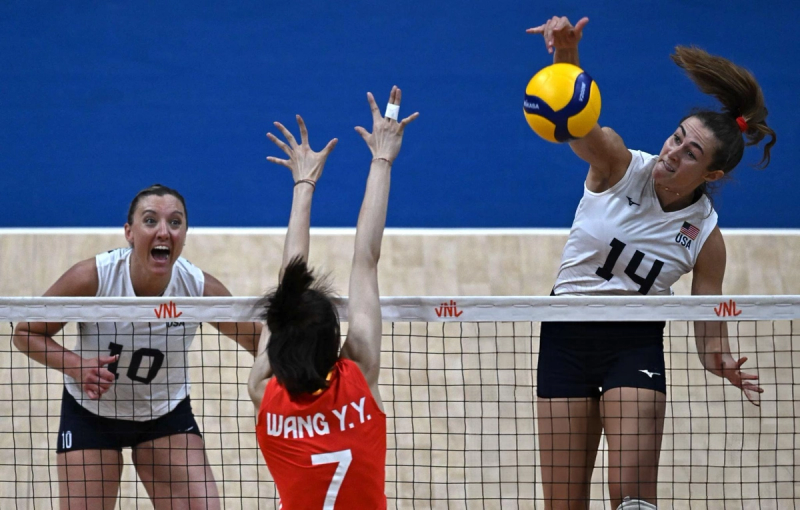 Two volleyball players in white jerseys from the USA jump near the net, one spiking the ball, as a player in a red jersey with "Wang Y.Y." tries to block.