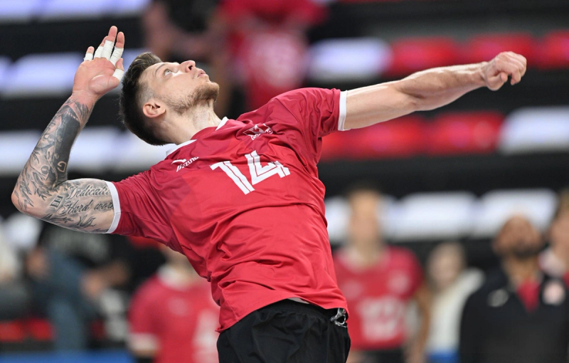 A volleyball player in a red jersey with the number 14 is poised to serve, extending his arm with tattoos visible, against a blurred background of spectators.